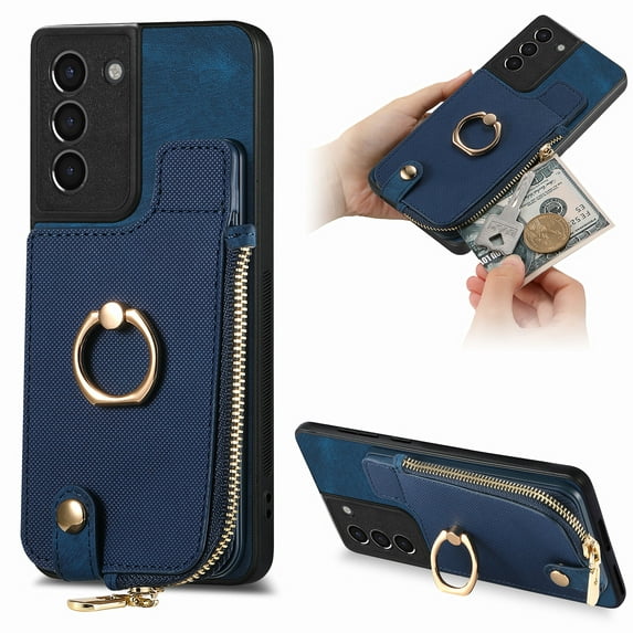 Mantto Back Case for Samsung Galaxy S21 FE, Flip Wallet Case with Credit Card Slots & Zipper Pocket, 360° Rotation Finger Ring Kickstand Shockproof PU Leather Magnetic Clasp Holder Phone Case,Blue