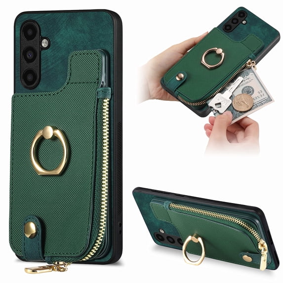 Mantto Back Case for Samsung Galaxy S23 FE, Flip Wallet Case with Credit Card Slots & Zipper Pocket, 360° Rotation Finger Ring Kickstand Shockproof PU Leather Magnetic Clasp Holder Phone Case,Green