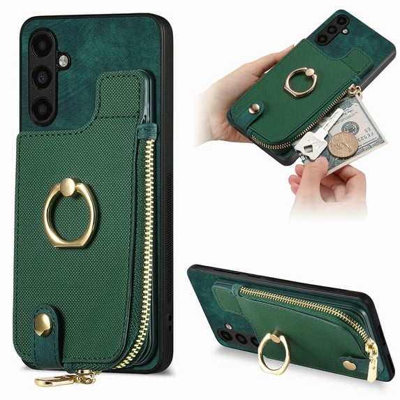 Mantto Back Case for Samsung Galaxy S23 FE, Flip Wallet Case with Credit Card Slots & Zipper Pocket, 360° Rotation Finger Ring Kickstand Shockproof PU Leather Magnetic Clasp Holder Phone Case,Green