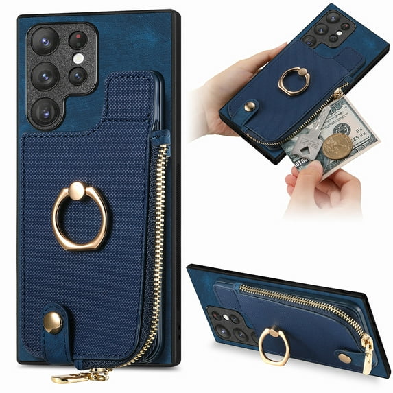 Mantto Back Case for Samsung Galaxy S23 Ultra, Flip Wallet Case with Credit Card Slots & Zipper Pocket, 360° Rotation Ring Kickstand Shockproof PU Leather Magnetic Clasp Holder Phone Case,Blue