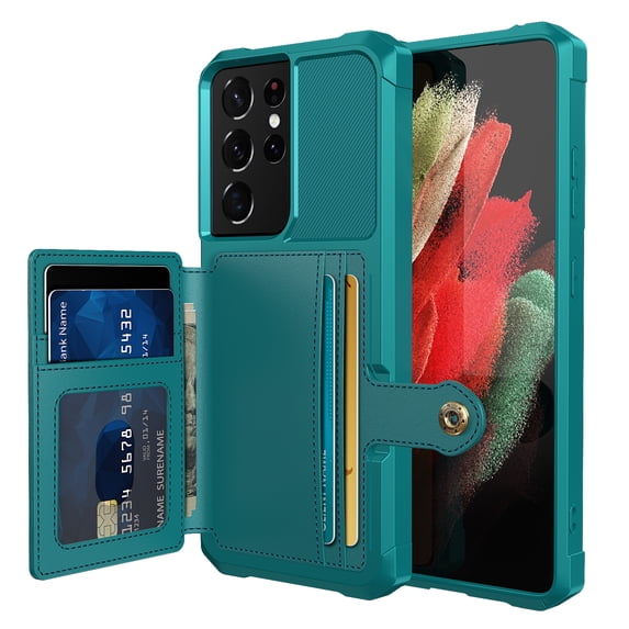 Mantto Back Folio Cover for Samsung Galaxy S21 Wallet Case, PU Leather Kickstand Credit Card Holder Slots Case, Magnetic Absorption Durable Shockproof Cover, Green