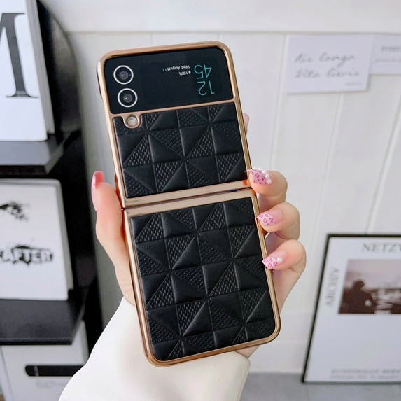 Mantto Case Fit for Samsung Galaxy Z Flip4 (2022),Shockproof Stylish Electroplated Plating Bumper Premium PU Leather Anti-scratch Elegant Folding Ultra-slim & Lightweight Phone Case,Black