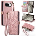 thumbnail image 1 of Mantto Case for Google Pixel 8, Zipper Wallet Card Holder Flip Stand Premium Leather Case with Removable Wristlet Strap, RFID Blocking Magnetic Closure Case for Google Pixel 8, Pink, 1 of 12