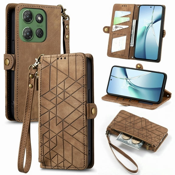 Mantto Case for Motorola Edge (2024), Zipper Wallet Card Holder Flip Stand Premium Leather Case with Removable Wristlet Strap, RFID Blocking Magnetic Closure Case for Motorola Edge (2024),Brown