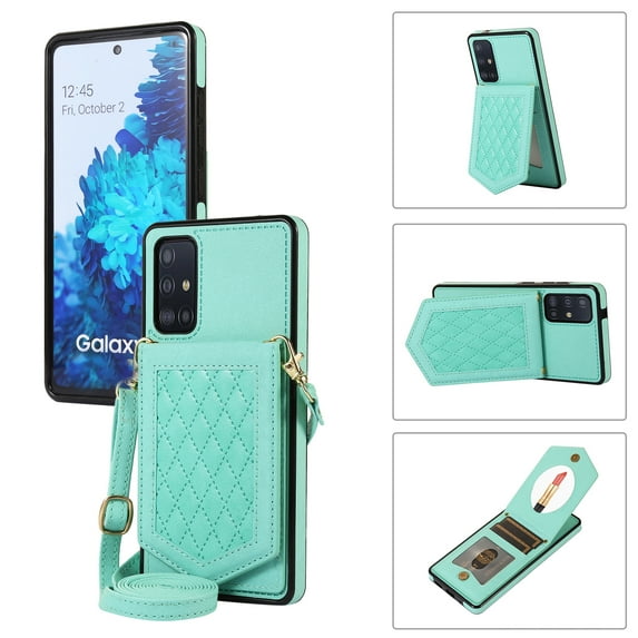 Mantto Case for Samsung A51 4G, Card Holder Crossbody Neck Strap Lanyard Handbag with Mirror Back for Women PU Leather Flip Case with Credit Card Slot Kickstand for Samsung Galaxy A51 4G, Green