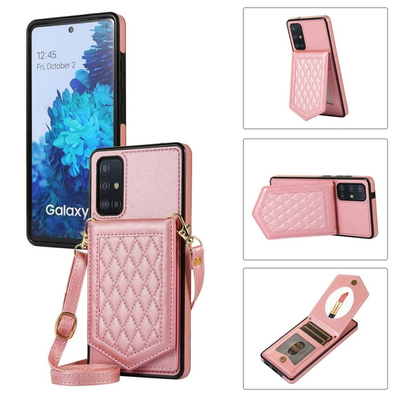 Mantto Case for Samsung A51 4G, Card Holder Crossbody Neck Strap Lanyard Handbag with Mirror Back for Women PU Leather Flip Case with Credit Card Slot Kickstand for Samsung Galaxy A51 4G, Rosegold
