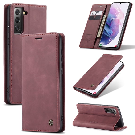 Mantto Case For Samsung Galaxy S21, RFID Blocking Cash Wallet Pocket With Card Slot High Qulity PU Leather Retro Cover Kickstand Folio Magnetic Phone Cover For Samsung Galaxy S21, Wine Red