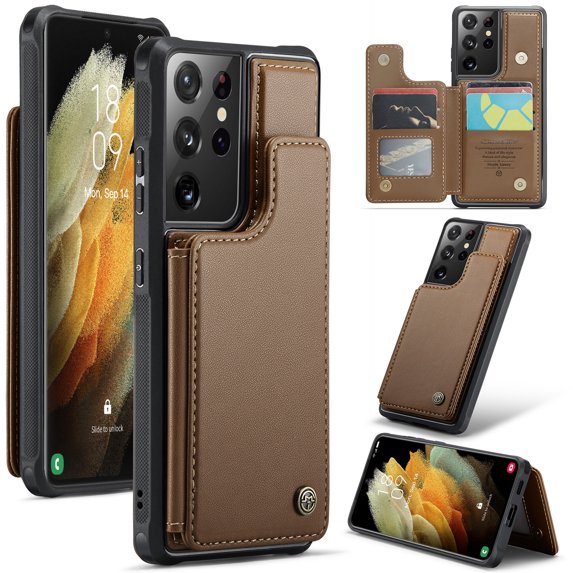 Mantto Case for Samsung Galaxy S21 Ultra with Card Holder, Retro PU Leather RFID Blocking Credit Card Slots Double Magnetic Clasp Flip Kickstand Shockproof Phone Cover for Galaxy S21 Ultra,Brown