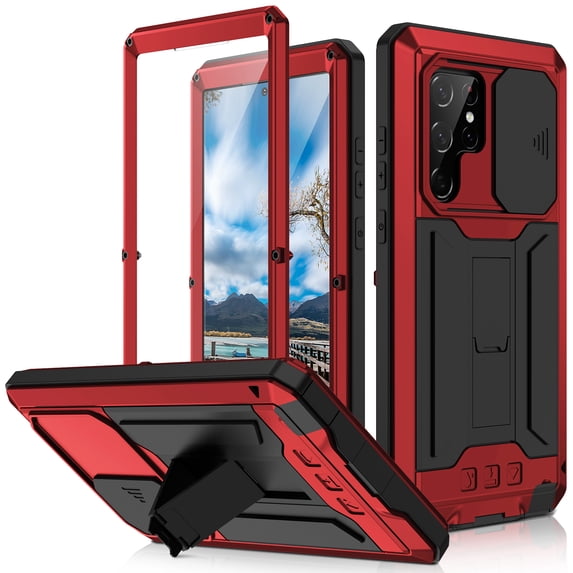 Mantto Case for Samsung Galaxy S22 Ultra 5G 6.8 inch, Built-in Screen Protector, Full Body Rugged Shockproof Protective Slide lens Cover Case with Kickstand for Samsung Galaxy S22 Ultra,Red
