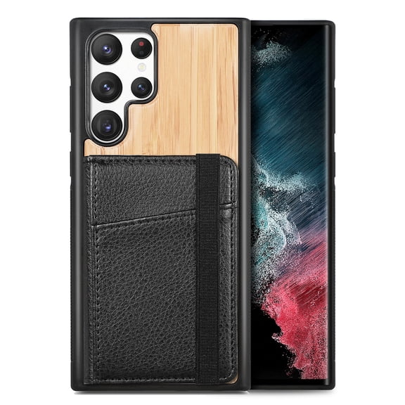 Mantto Case for Samsung Galaxy S22 Ultra 6.8 inch 5G, Wooden Texture Kickstand Holder Lightweight Magnetic Credit Card Photo Slot Back Phone Case Cover for Samsung Galaxy S22 Ultra 6.8 inch, Bamboo