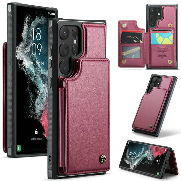 Mantto Case for Samsung Galaxy S22 Ultra with Card Holder, Retro PU Leather RFID Blocking Credit Card Slots Double Magnetic Clasp Flip Kickstand Shockproof Phone Cover for Galaxy S22 Ultra,Winered