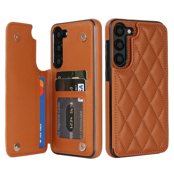 Mantto Case for Samsung Galaxy S24 Back Wallet Case, Card Slots Holder RFID Blocking Luxury PU Leather Shockproof Cover, Double Magnetic Buttons Kickstand Case for Galaxy S24, Brown
