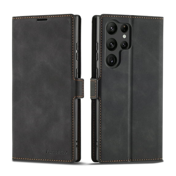 Mantto Case for Samsung Galaxy S24 Ultra, Premium Leather RFID Blocking Credit Card Slots Wallet Retro Folio Case Magnetic Clasp Flip Kickstand Shockproof Full Protection Phone Cover, Black