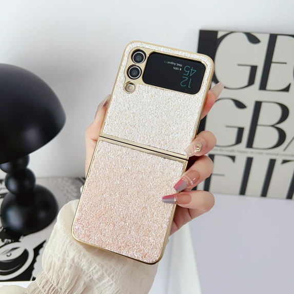 Mantto Case for Samsung Galaxy Z Flip4 Electroplated Sparkle Glitter Gradient Cover, Rugged Shockproof Non-Slip Slim Folding Case for Samsung Galaxy Z Flip4 Women Girls,Gold