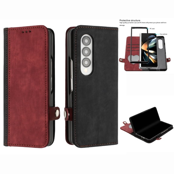 Mantto Case for Samsung Galaxy Z Fold3 Wallet Case with Card Slots Holder Magnetic Clasp Cover, Luxury Glossy Rugged PC Frame Shockproof Drop Resistant Protective Case,Red