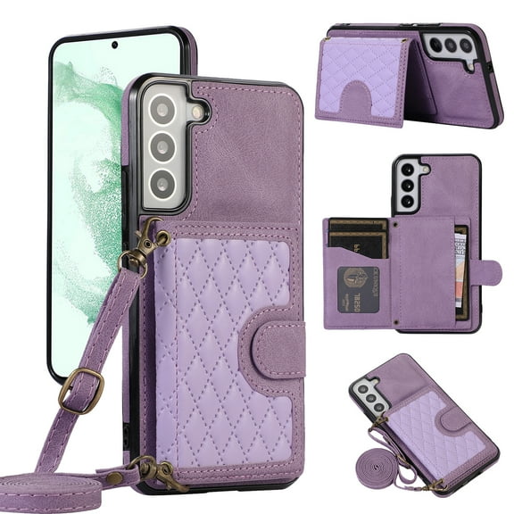 Mantto Case for Samsung S21 Plus,Wallet Phone Case Cute Leather Case with Card Holder Crossbody Cover for Women Girls Strap Wristlet RFID Blocking Shockproof for Samsung Galaxy S21 Plus,Purple