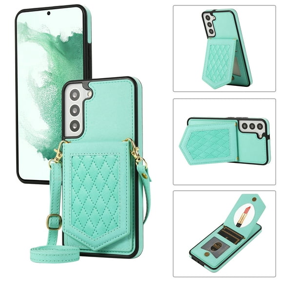 Mantto Case for Samsung S22 Plus, Card Holder Crossbody Neck Strap Lanyard Handbag with Mirror Back for Women PU Leather Flip Case with Credit Card Slot Kickstand for Samsung Galaxy S22 Plus, Green