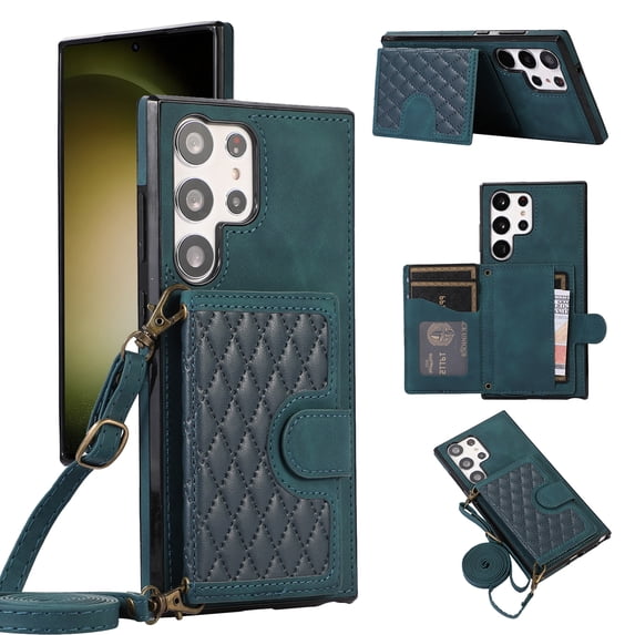 Mantto Case for Samsung S22 Ultra,Credit Card Holder with Should Strap,Premium PU Leather Purse Diamond Patterned Folio Cover for Samsung Galaxy S22 Ultra,Green