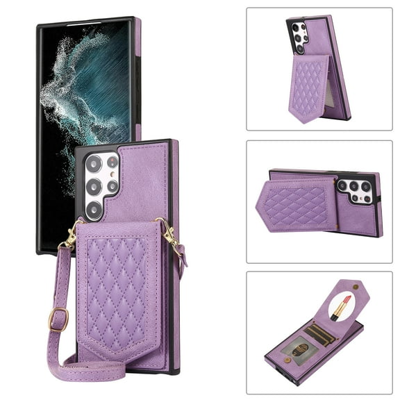 Mantto Case for Samsung S22 Ultra, Crossbody Neck Strap Lanyard Handbag with Mirror Back for Women PU Leather Flip Case with Credit Card Slot Kickstand for Samsung Galaxy S22 Ultra, Purple