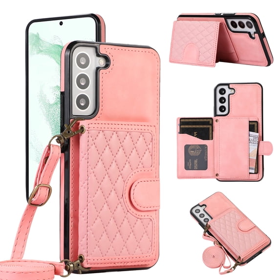 Mantto Case for Samsung S22,Wallet Phone Case Cute Leather Case with Card Holder Crossbody Cover for Women Girls Strap Wristlet RFID Blocking Shockproof for Samsung Galaxy S22,Rosegold