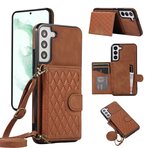 Mantto Case for Samsung S22,Wallet Phone Case Cute Leather Case with Card Holder Crossbody Cover for Women Girls Strap Wristlet RFID Blocking Shockproof for Samsung Galaxy S22,brown