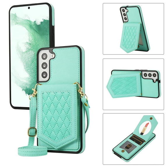 Mantto Case for Samsung S23 Plus,Card Holder Crossbody Neck Strap Lanyard Handbag with Mirror Back for Women PU Leather Flip Case with Credit Card Slot Kickstand for Samsung Galaxy S23 Plus,Green