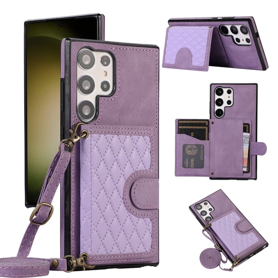 Mantto Case for Samsung S23 Ultra,Credit Card Holder with Should Strap,Premium PU Leather Purse Diamond Patterned Folio Cover for Samsung Galaxy S23 Ultra,Purple