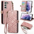 thumbnail image 1 of Mantto Case for Samsung S23, Zipper Wallet Card Holder Flip Stand Premium Leather Case with Removable Wristlet Strap, RFID Blocking Magnetic Closure Case for Samsung Galaxy S23, Pink, 1 of 12