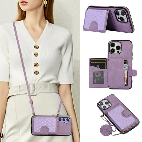 Mantto Case for Samsung S24,Wallet Phone Case Cute Leather Case with Card Holder Crossbody Cover for Women Girls Strap Wristlet RFID Blocking Shockproof for Samsung Galaxy S24,Purple
