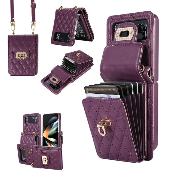 Mantto Case for Samsung Z Flip 3, Crossbody Neck Strap Handbag Back Elegent for Women/Girls PU Leather Flip Case RFID Blocking Credit Card Slot Kickstand Cover for Samsung Galaxy Z Flip 3, Darkpurple