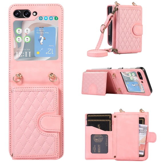 Mantto Case for Samsung Z Flip 5,Wallet Phone Case Cute Leather Case with Card Holder Crossbody Cover for Women Girls Strap Wristlet RFID Blocking Shockproof for Samsung Galaxy Z Flip 5,Rosegold