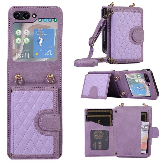 Mantto Case for Samsung Z Flip 5,Wallet Phone Case Cute Leather Case with Card Holder Crossbody Cover for Women Girls Strap Wristlet RFID Blocking Shockproof for Samsung Galaxy Z Flip 5,Purple