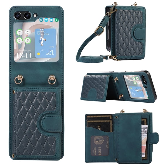 Mantto Case for Samsung Z Flip 5,Wallet Phone Case Cute Leather Case with Card Holder Crossbody Cover for Women Girls Strap Wristlet RFID Blocking Shockproof for Samsung Galaxy Z Flip 5,Green