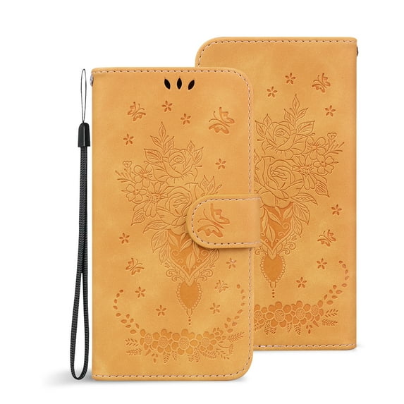 Mantto Case for Samsung Galaxy A03 Core,Butterfly Rose Embossed Leather Magnetic Folio Card Slots Flip Stand Shockproof Protective Cover,Yellow