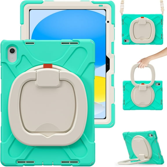 Mantto Case For iPad 10th Generation Case 2022 10.9 inch, 3-Layers-Protection Heavy Duty Rugged Silicone Case with 360 Swivel Ring Stand/Stable Kickstand/Shoulder Strap, Mint