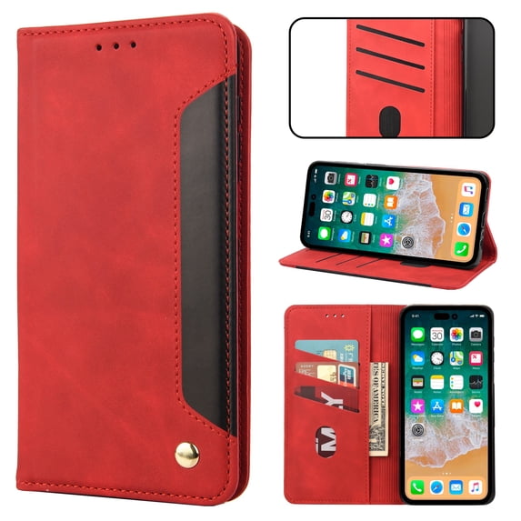 Mantto Case for iPhone 11, Vintage PU Leather Wallet Case RFID Blocking Card Slots Flip Kickstand Magnetic Closure Shockproof Folio Book Case Cover for iPhone 11,Red