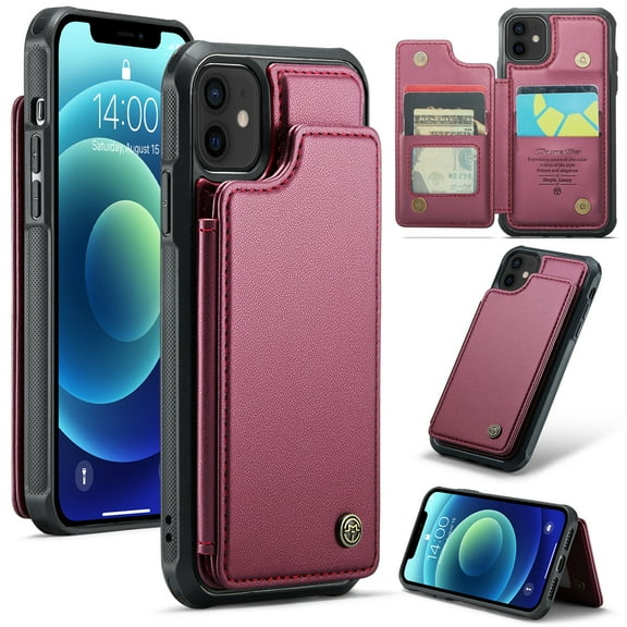 Mantto Case for iPhone 12/iPhone 12 Pro with Card Holder, Retro PU Leather RFID Blocking Credit Card Slots Double Magnetic Clasp Flip Kickstand Shockproof Phone Cover for iPhone 12/12 Pro,Winered