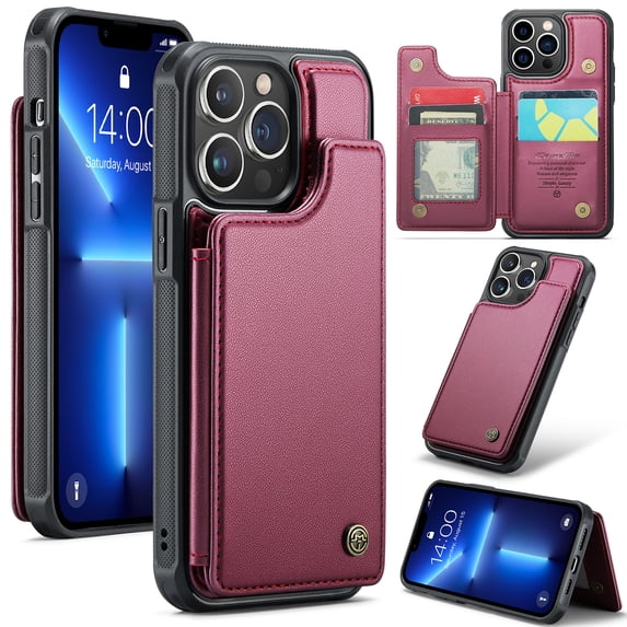 Mantto Case for iPhone 13 Pro with Card Holder, Retro PU Leather RFID Blocking Credit Card Slots Double Magnetic Clasp Flip Kickstand Shockproof Phone Cover for iPhone 13 Pro,Winered