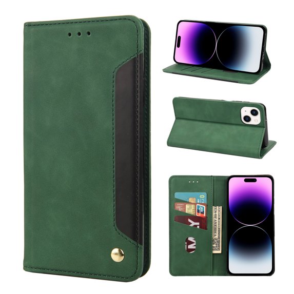 Mantto Case for iPhone 13, Vintage PU Leather Wallet Case RFID Blocking Card Slots Flip Kickstand Magnetic Closure Shockproof Folio Book Case Cover for iPhone 13,Green