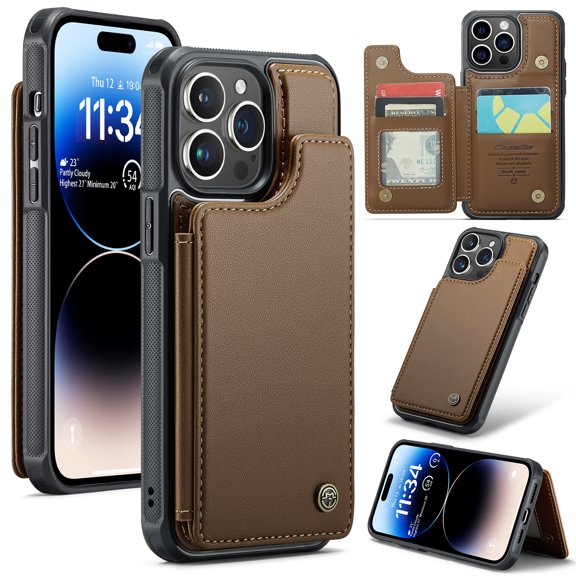 Mantto Case for iPhone 14 Pro with Card Holder, Retro PU Leather RFID Blocking Credit Card Slots Double Magnetic Clasp Flip Kickstand Shockproof Phone Cover for iPhone 14 Pro,Brown
