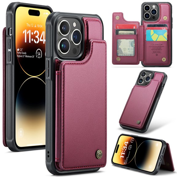 Mantto Case for iPhone 14 Pro Max with Card Holder, Retro PU Leather RFID Blocking Credit Card Slots Double Magnetic Clasp Flip Kickstand Shockproof Phone Cover for iPhone 14 Pro Max,Winered