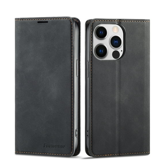 Mantto Case for iPhone 14 Pro, Premium Leather RFID Blocking Credit Card Slots Wallet Retro Folio Case Magnetic Clasp Flip Kickstand Shockproof Full Protection Phone Cover, Black