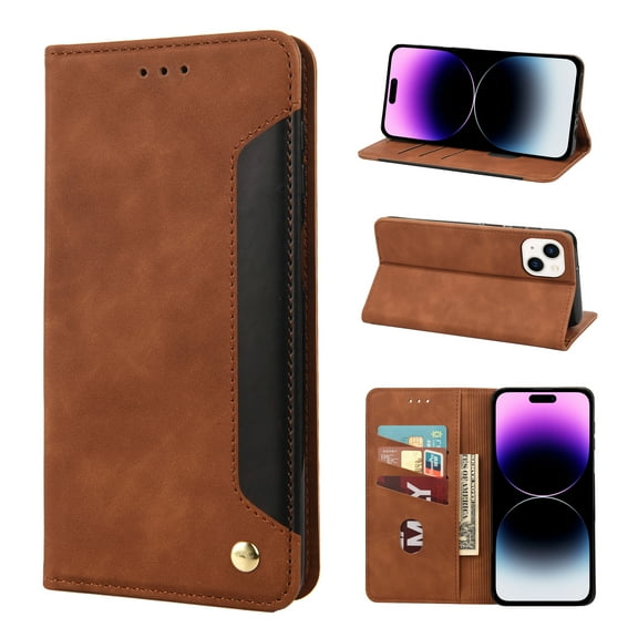 Mantto Case for iPhone 14, Vintage PU Leather Wallet Case RFID Blocking Card Slots Flip Kickstand Magnetic Closure Shockproof Folio Book Case Cover for iPhone 14,Brown