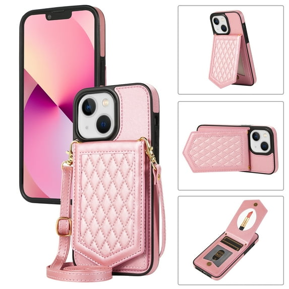 Mantto Case for iPhone 15, Card Holder Crossbody Neck Strap Lanyard Handbag with Mirror Back for Women PU Leather Flip Case with Credit Card Slot Kickstand For iPhone 15, Rosegold