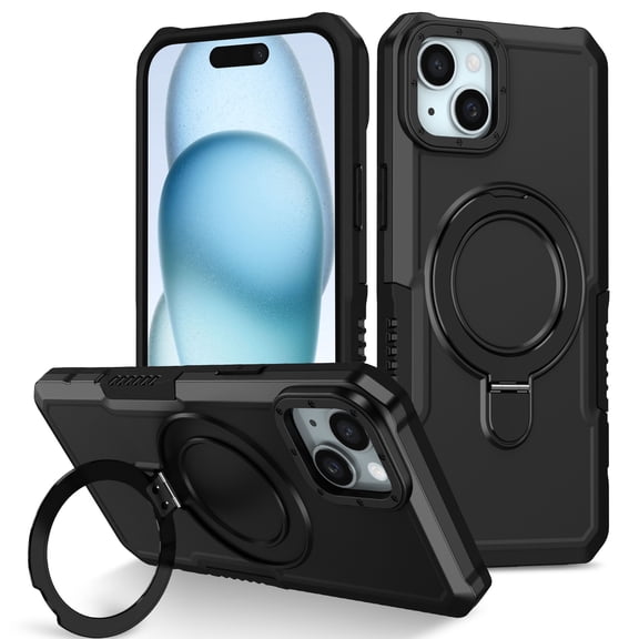 Mantto Case for iPhone 15 Plus with Ring Kickstand Dual Layer Military Grade Drop Impact Shockproof Armor Adjustable Bracket Rugged Protective Phone Case for Women Men, Black