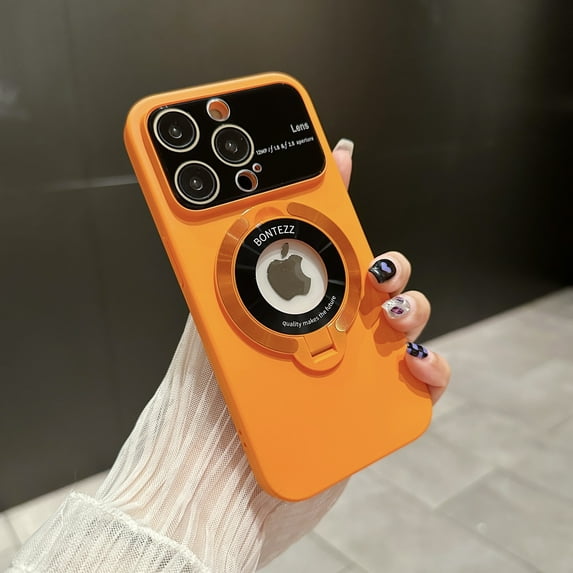 Mantto Case for iPhone 15 Pro,Logo View Big Window Glass Full Camera Lens Protector Design with Ring Kickstand, Compatible with MagSafe, Shockproof Hard PC Slim Phone Case for Women Men,Orange