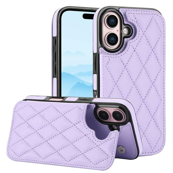 Mantto Case for iPhone 16 Back Wallet Case, Card Slots Holder RFID Blocking Luxury PU Leather Shockproof Cover, Double Magnetic Buttons Kickstand Case for iPhone 16, Purple