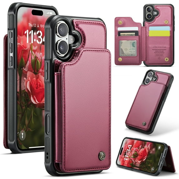 Mantto Case for iPhone 16 with Card Holder, Retro PU Leather RFID Blocking Credit Card Slots Double Magnetic Clasp Flip Kickstand Shockproof Phone Cover for iPhone 16,Winered