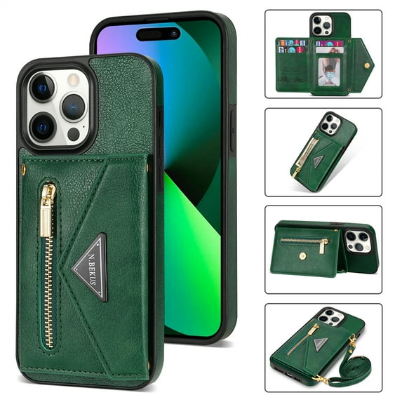 Mantto Case for iPhone 16 Pro, Women Wallet Cover with Crossbody Adjustable Shoulder Strap, Zipper Premium PU Leather Magnetic Back Flip Card Pocket Phone Case For iPhone 16 Pro, Green