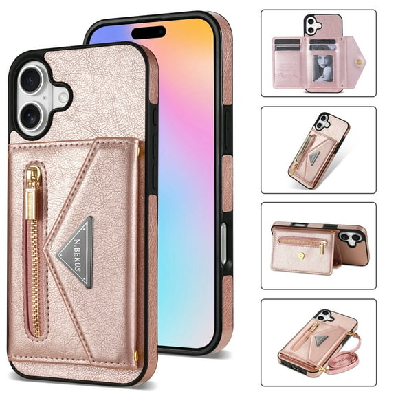 Mantto Case for iPhone 16, Women Wallet Cover with Crossbody Adjustable Shoulder Strap, Zipper Premium PU Leather Magnetic Back Flip Card Pocket Phone Case For iPhone 16, Rosegold